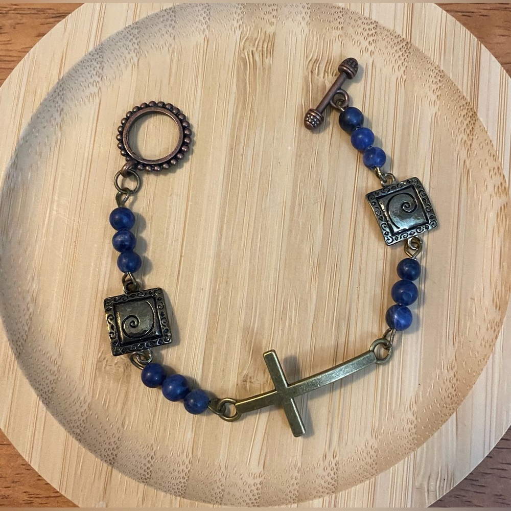 NEW Blue Sodalite crystals with brass cross bracelet